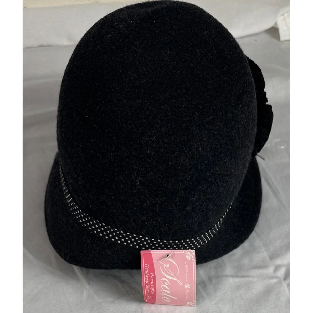 Scala Dorfman‎ Pacific Wool Cloche Hat Grey Polka Dot Ribbon Flower